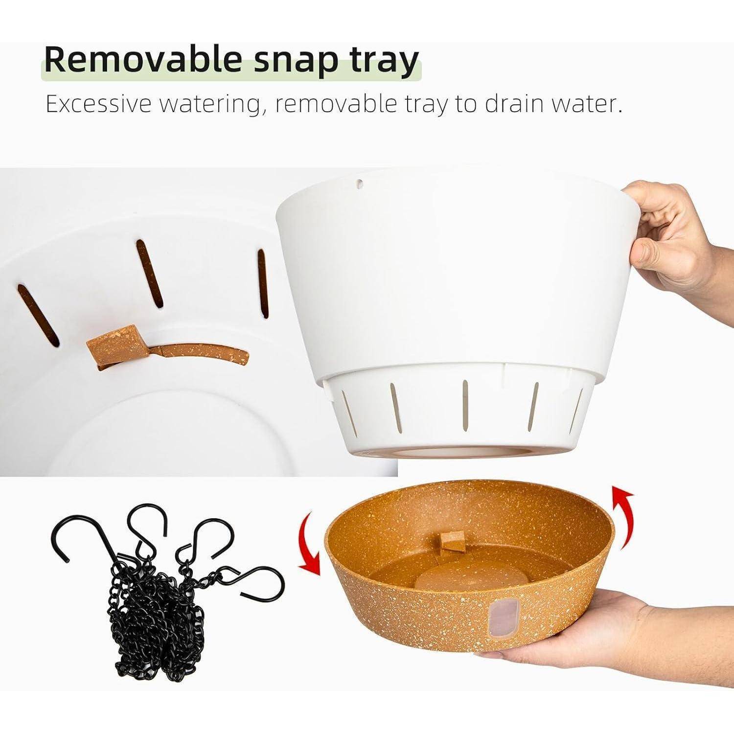 Weißer hängender Topf mit brauner herausnehmbarer Ablaufschale für die Wasserableitung, dargestellt mit Haken und Händen, die die Schale halten. Text lautet: „Herausnehmbare Schnapp-Schale.