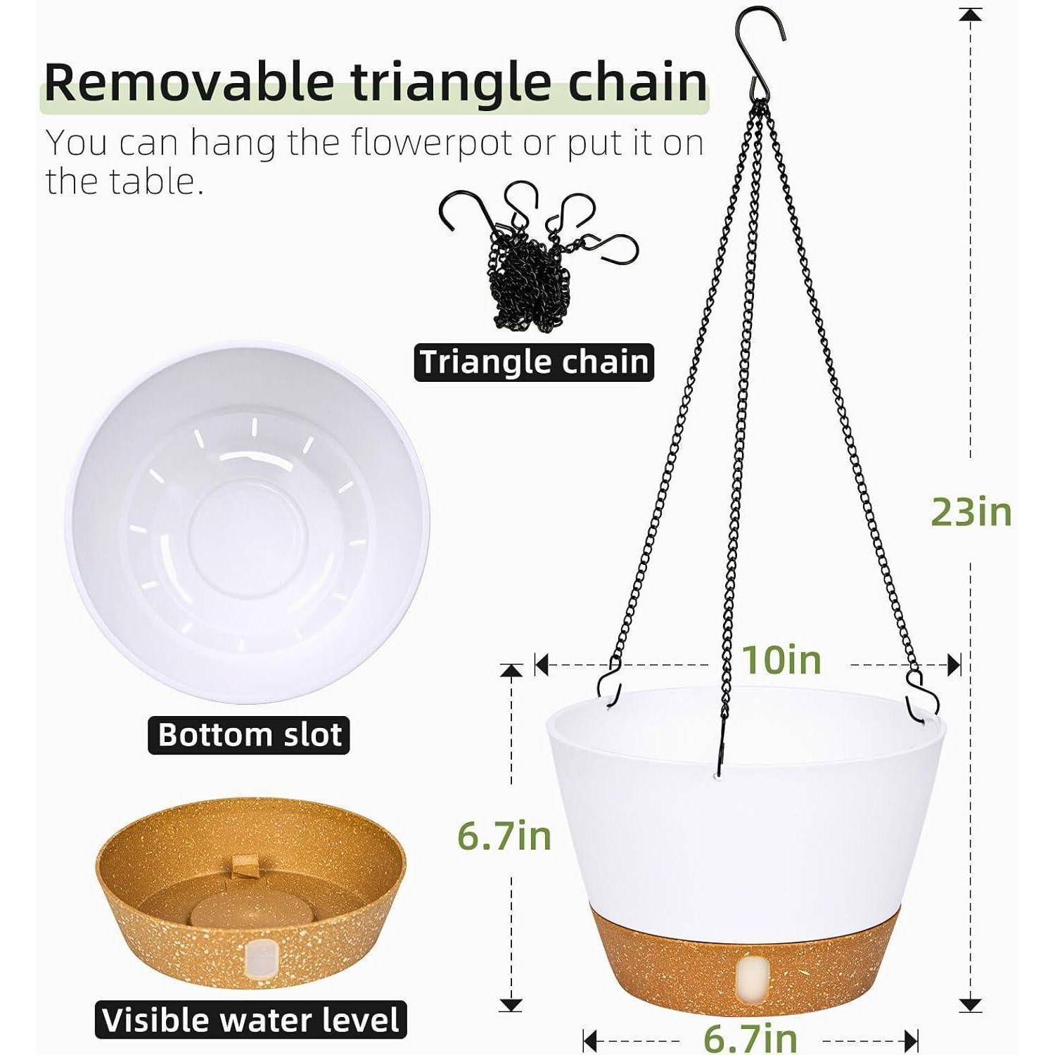 Hängender Blumentopf mit abnehmbarer Dreieckkette und sichtbarem Wasserstands-Indikator. Topfabmessungen: 10 Zoll breit, 6,7 Zoll hoch, 23 Zoll Kette.