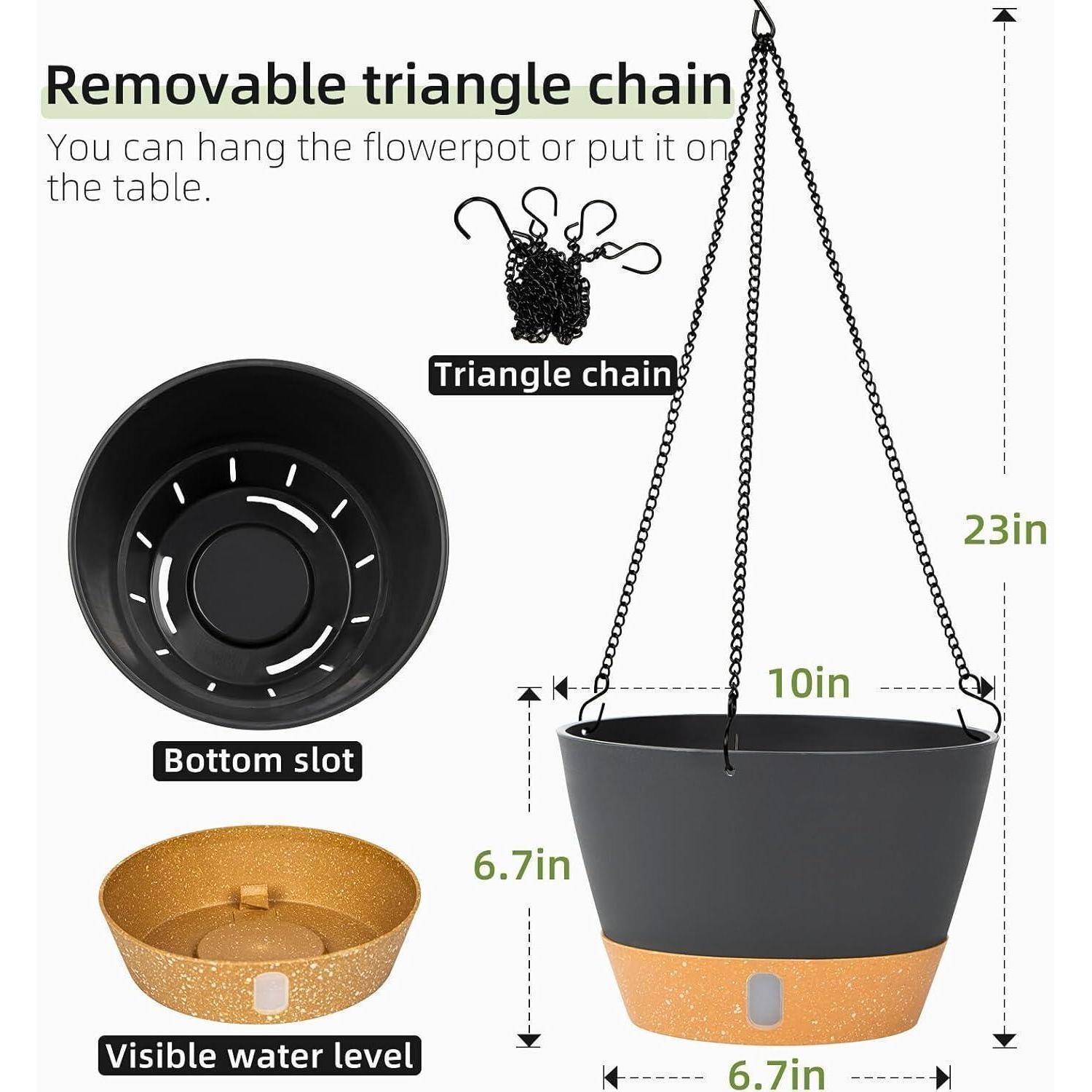 Hängetopf für Blumen mit Dreieckkette. Merkmale: abnehmbarer Kettenanhänger, Aussparung am Boden für Wasserdrainage, sichtbarer Wasserstandsanzeiger. Abmessungen: 10 Zoll Durchmesser, 23 Zoll Kettenlänge, 6,7 Zoll Höhe.