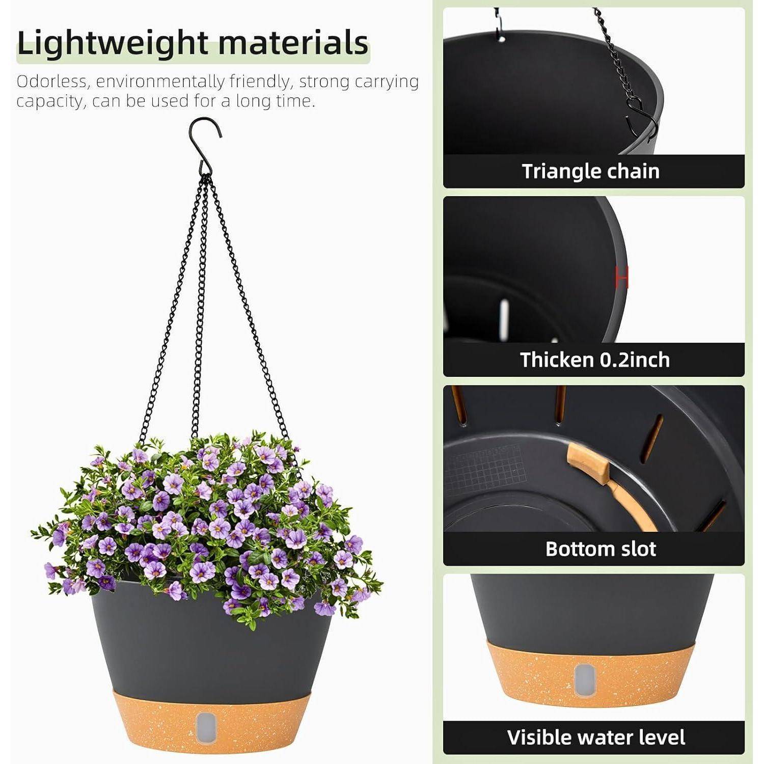 Hängender Blumentopf mit lila Blumen, mit Schwerpunkt auf leichten Materialien. Merkmale umfassen Dreieckkette, 0,2 Zoll Dicke, Bodenschlitz, sichtbarer Wasserstand.