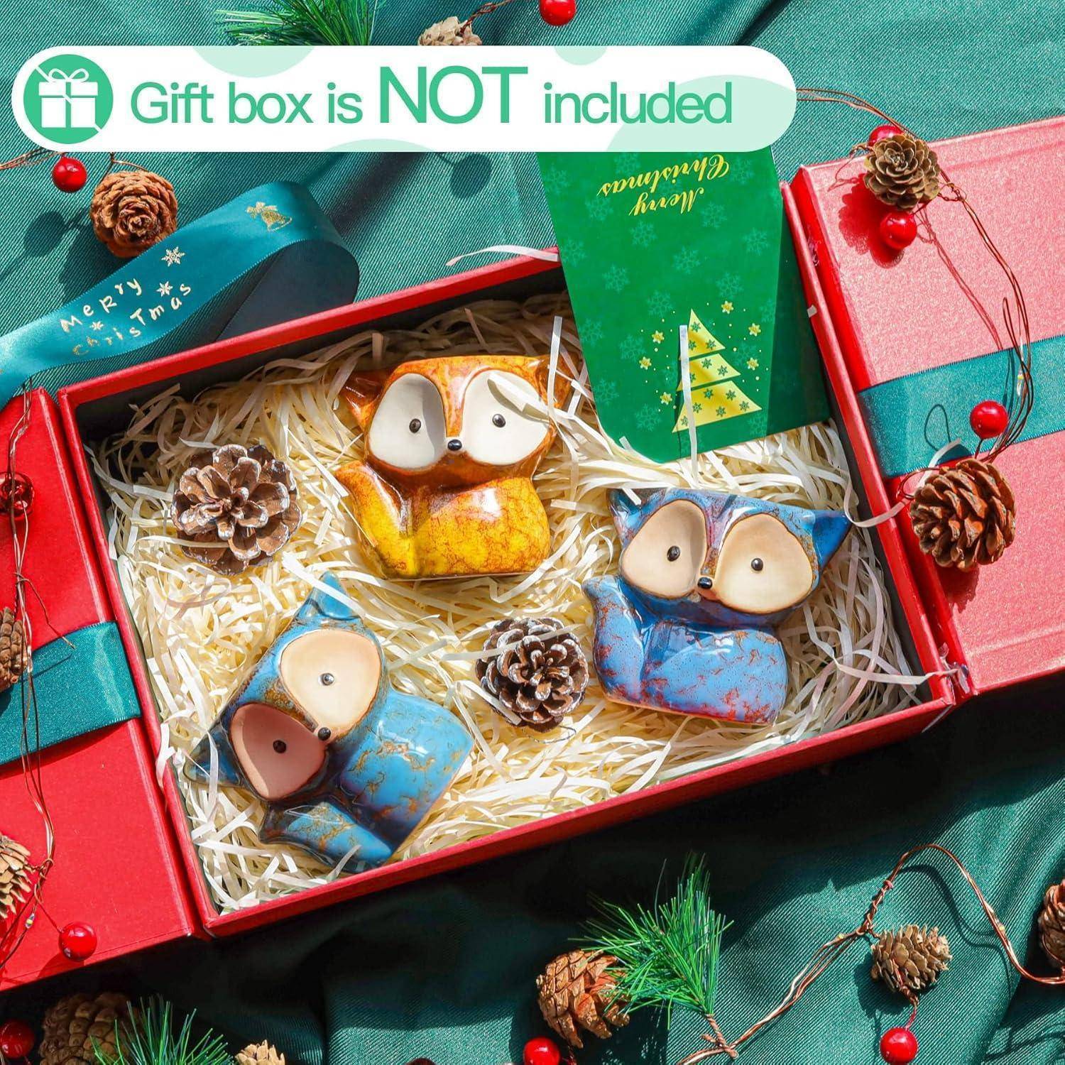 Eine rote Box, die geöffnet ist, um Eulen-förmige Dekorationen auf Stroh mit Tannenzapfen zu zeigen, mit einem Anhänger mit der Aufschrift 