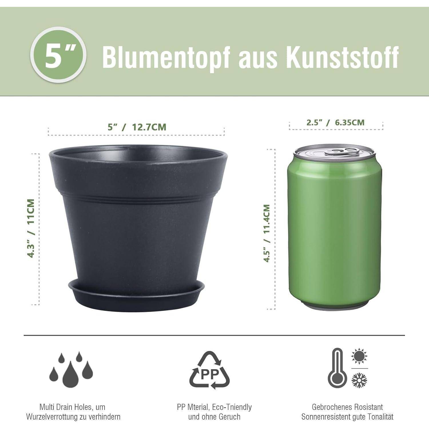 Blumentopf 12.5cm 6er Plastik Übertopf Untersetzer Schwarz 5IN
