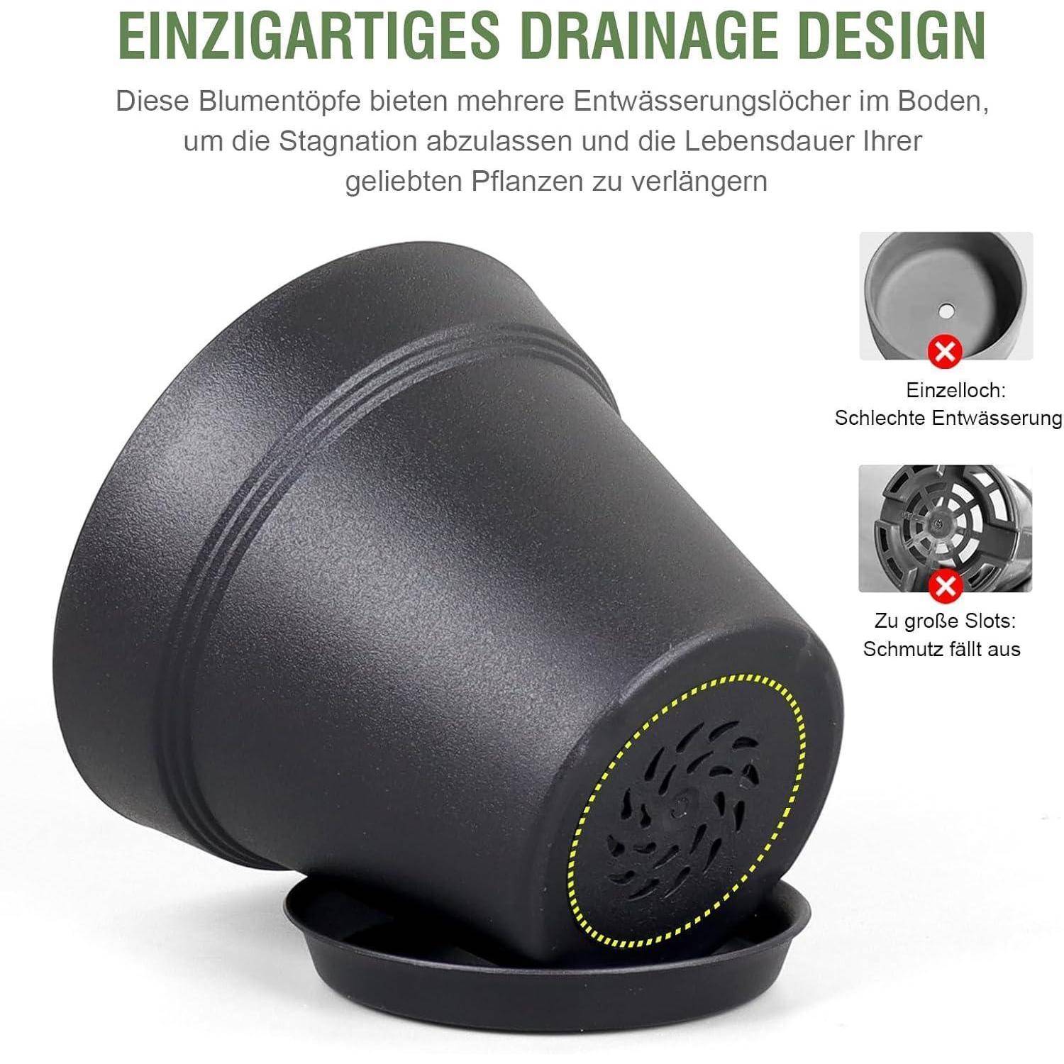 Schwarzer Pflanzentopf mit einzigartigem Entwässerungsdesign, einschließlich mehrerer Löcher im Bodenteil zur Verlängerung der Pflanzenlebensdauer. Hervorgehobene Merkmale sind effektive Drainage und Schlitze zur Verhinderung von Verstopfungen.