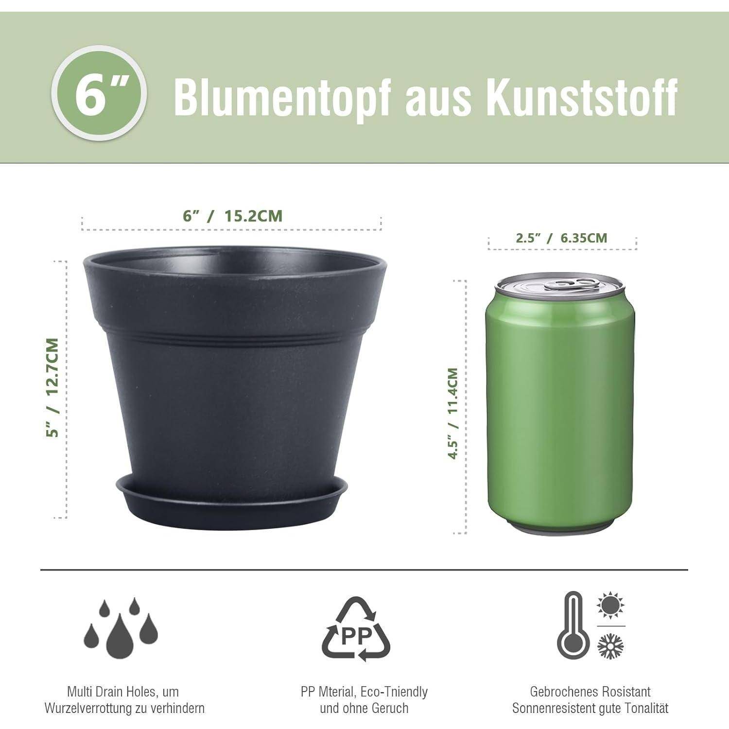 Plastischer Blumentopf, 15 cm breit und 12,7 cm hoch, im Vergleich zu einer Getränkedose, 6,35 cm breit und 11,4 cm hoch. Zu den Merkmalen gehören Abflusslöcher und umweltfreundliches Material.