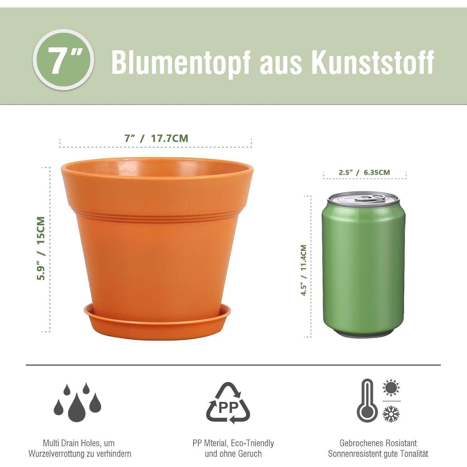 7'' Blumentopf aus Kunststoff: Ein orangefarbener Kunststoffblumentopf mit Abmessungen von 7