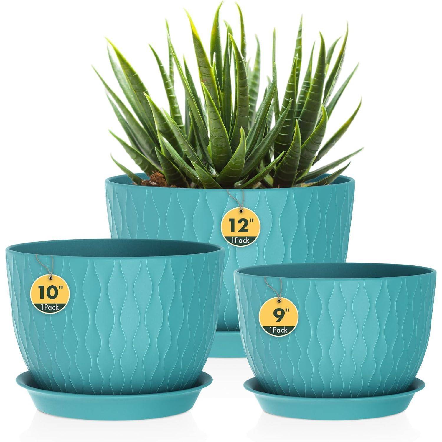 Blumentopf 3er Set Kunststoff Drainagelöcher 30 25 22 cm Dunkelgrün