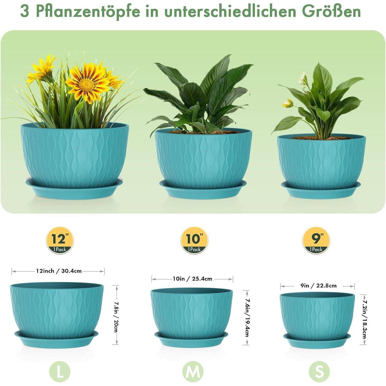Blumentopf 3er Set Kunststoff Drainagelöcher 30 25 22 cm Dunkelgrün