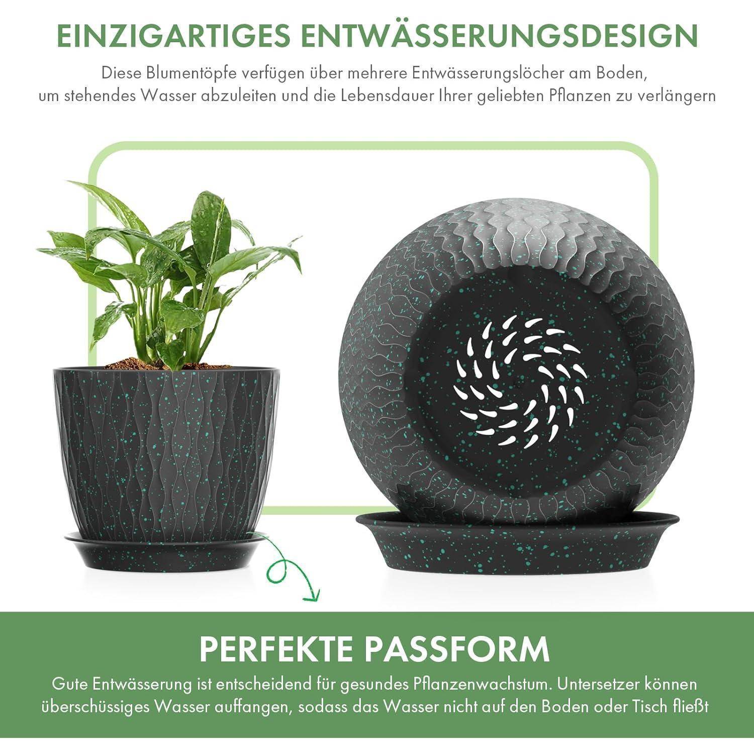 Ein schwarzer Blumentopf mit einer grünen Pflanze wird neben seinem passenden Untersetzer gezeigt. Der Text hebt sein einzigartiges Entwässerungsdesign und seine perfekte Form hervor.