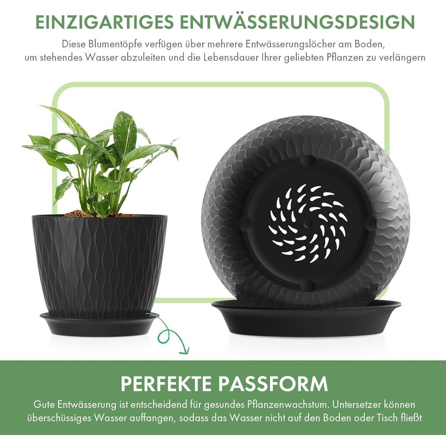 Eine Pflanze in einem schwarzen Topf neben einer abnehmbaren Basis mit Drainagelöchern. Deutscher Text hebt das einzigartige Drainageschema und die perfekte Passform hervor.