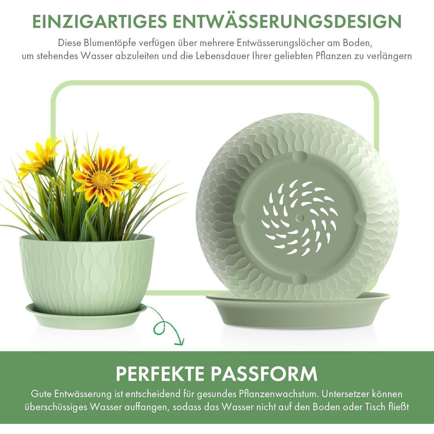Einzigartiges Entwässerungsdesign - Pflanzentöpfe mit Löchern und Untersetzer. Fördert gesunde Pflanzen durch effizientere Wasserabführung.