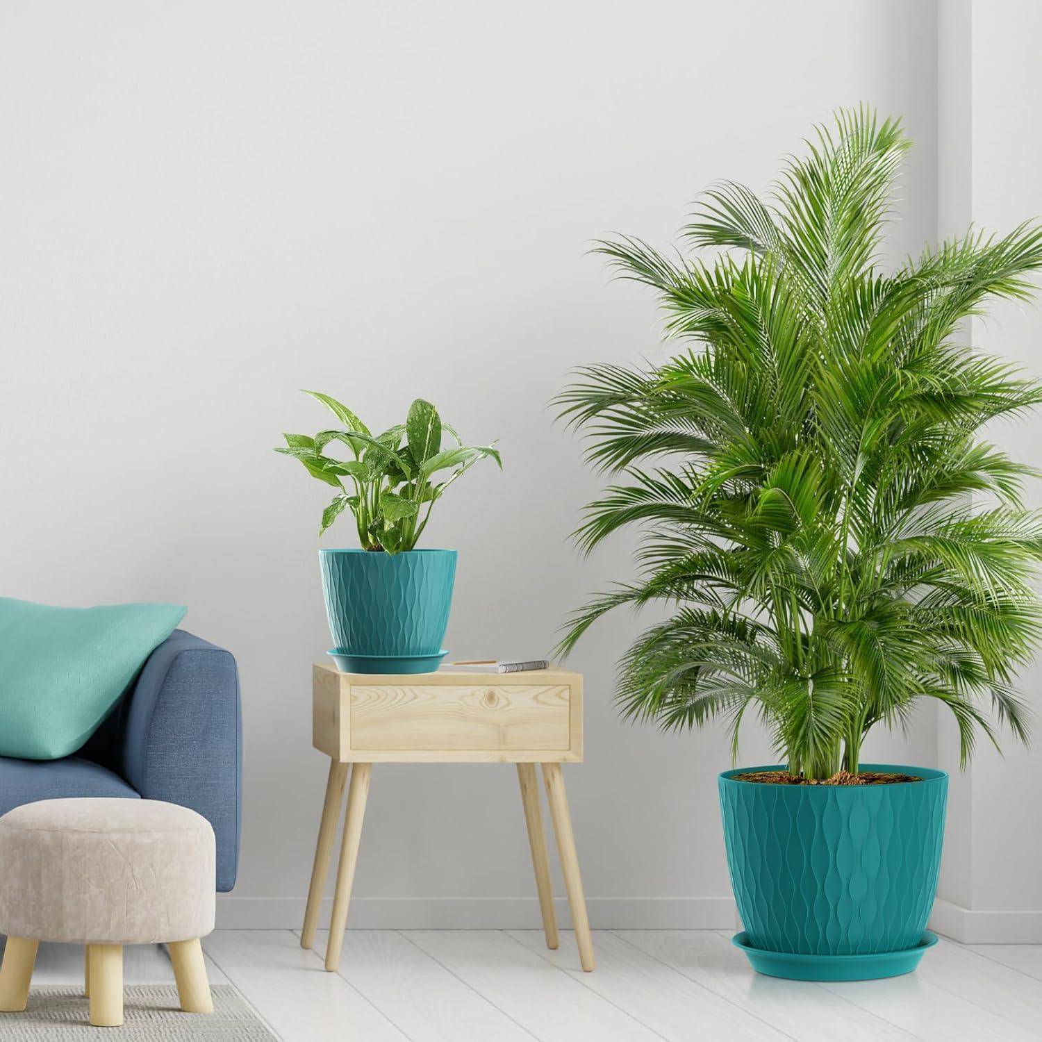 Ein moderner minimalistischer Wohnbereich mit einem beigen Sofa, türkisfarbenen Kissen, einem Holz-Beistelltisch und zwei Topfpflanzen in türkisfarbenen Töpfen.