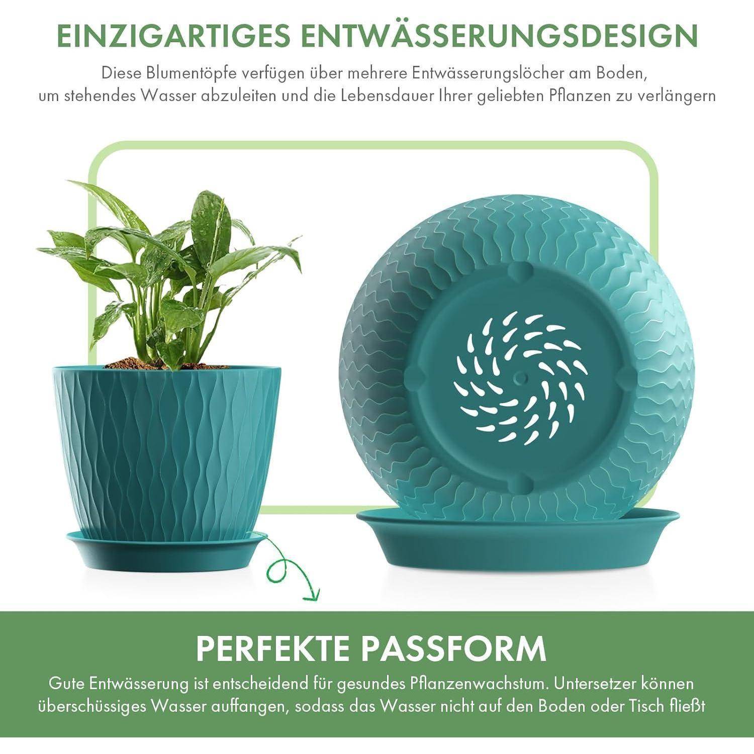 Ein blauer Pflanzentopf mit Drainagelöchern zur Verhinderung von stehendem Wasser und Verlängerung der Pflanzenlaufzeit. Inklusive einer passenden Untertasse für effektiven Wasserabfluss.