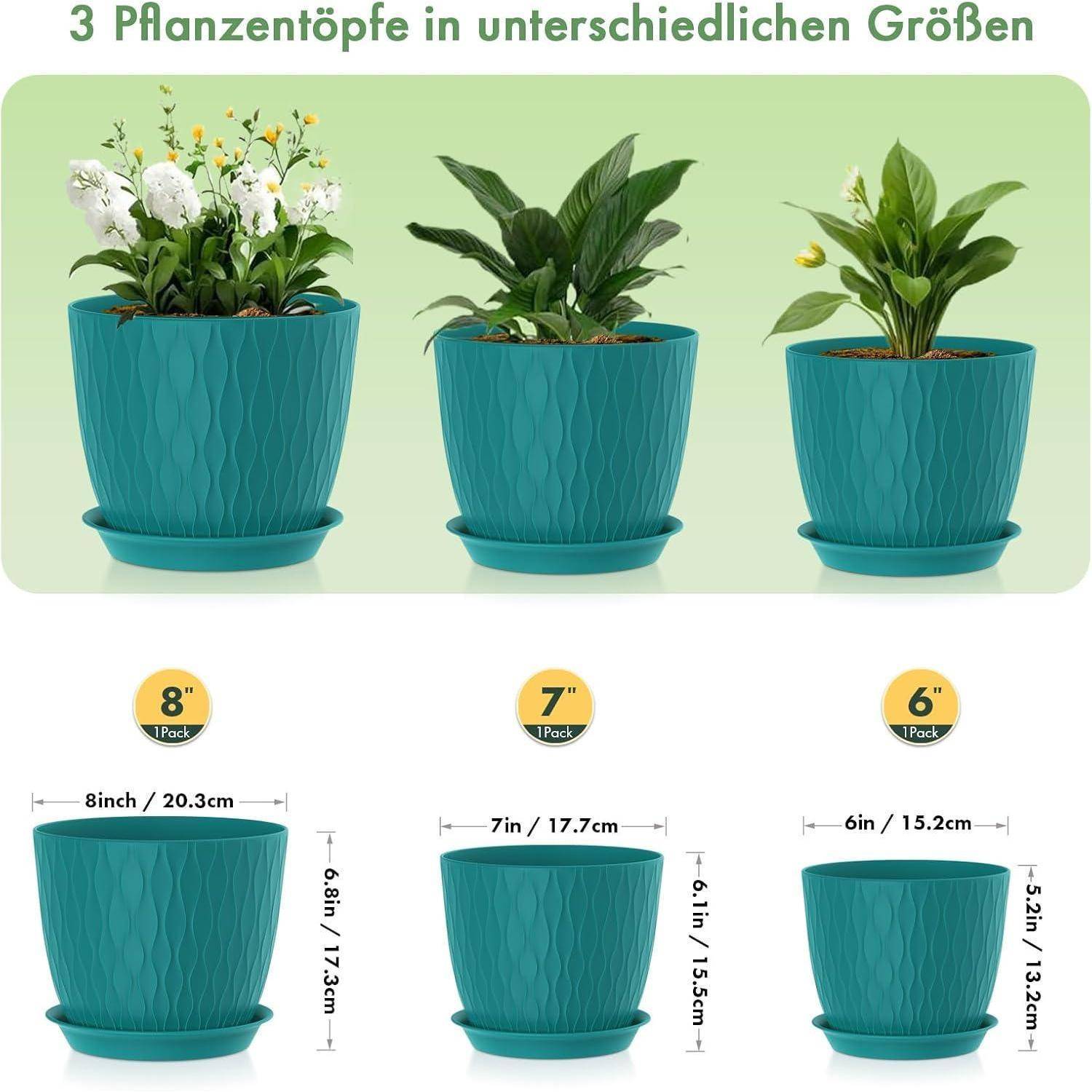 3 Pflanzentöpfe in unterschiedlichen Größen mit drei blauen Pflanzentöpfen und Pflanzen, gekennzeichnet mit 8
