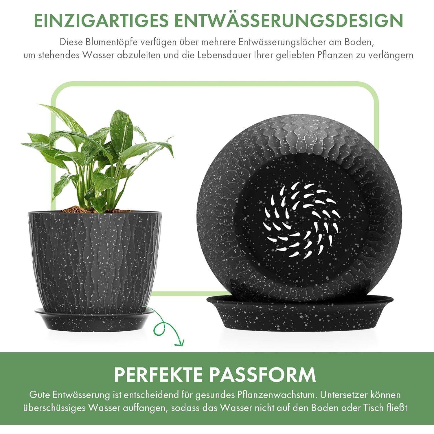 Einzigartige Ablaufdesign-Blumentöpfe; links ein Topf mit Pflanze, rechts ein Topf mit sichtbaren Ablauflöchern; deutscher Text darüber und darunter.