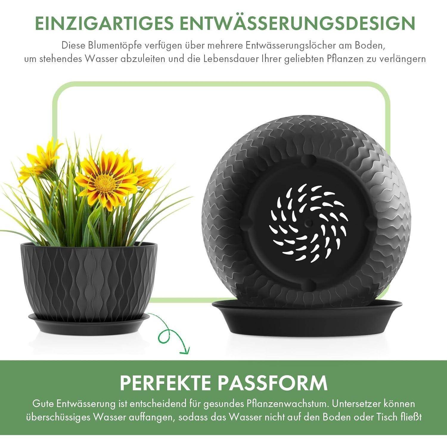 Einzigartiges Blumentopfdesign mit Abflusslöchern und passender Untertasse zur Verlängerung der Pflanzenlebensdauer. Ausgestattet mit leuchtend gelben Blumen im Topf.