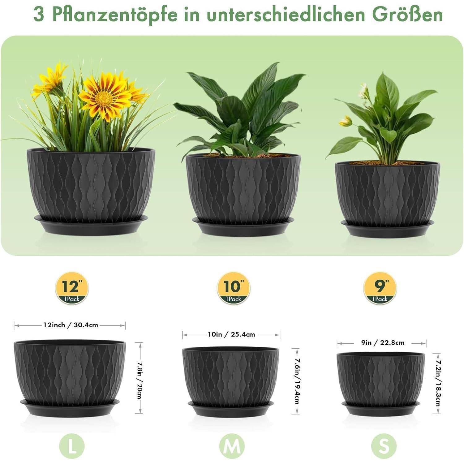 3 Blumentöpfe in verschiedenen Größen' mit drei Töpfen und Pflanzen. Töpfe sind mit 'L', 'M', 'S' beschriftet und haben folgende Größen: 12