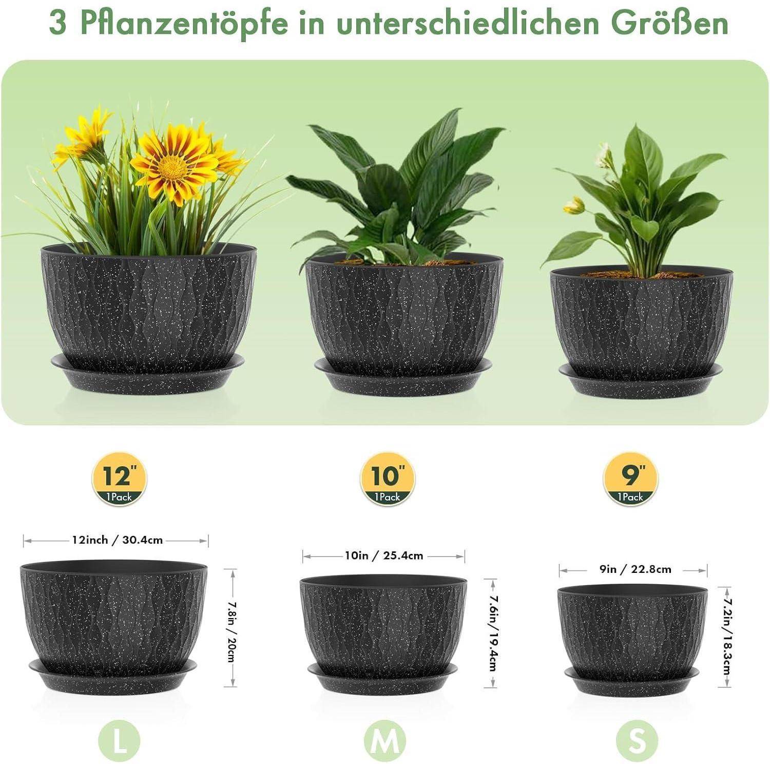 Pflanzentopf 3er 30 25 22 cm Schwarz mit Weißen Punkten
