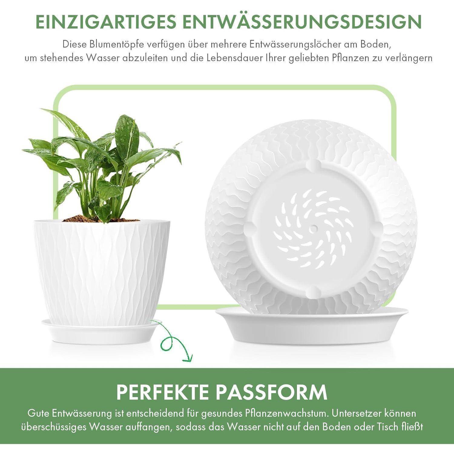 Blumentopf mit Drainagelöchern und passendem Untersetzer abgebildet. Der Text hebt das einzigartige Drainagedesign hervor, das die Pflanzengesundheit unterstützt und die Lebensdauer verlängert.