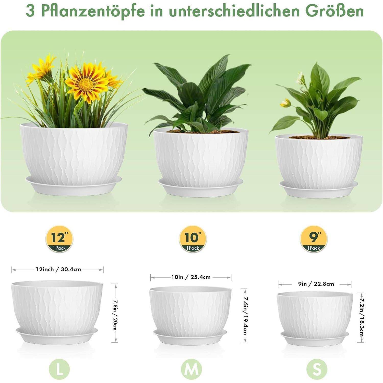 3 Pflanzentöpfe in unterschiedlichen Größen' zeigt drei Pflanzentöpfe mit Maßen: L (12