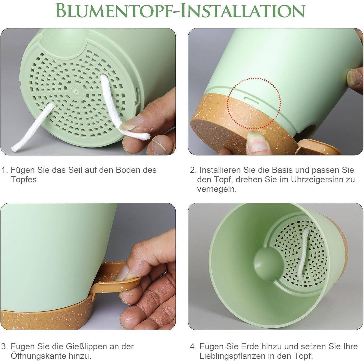 Blumentopf-Installation': Schritt 1: Seil am Topfboden einführen. Schritt 2: Basis anbringen und verriegeln. Schritt 3: Gießränder hinzufügen. Schritt 4: Erde und Pflanzen einfüllen.