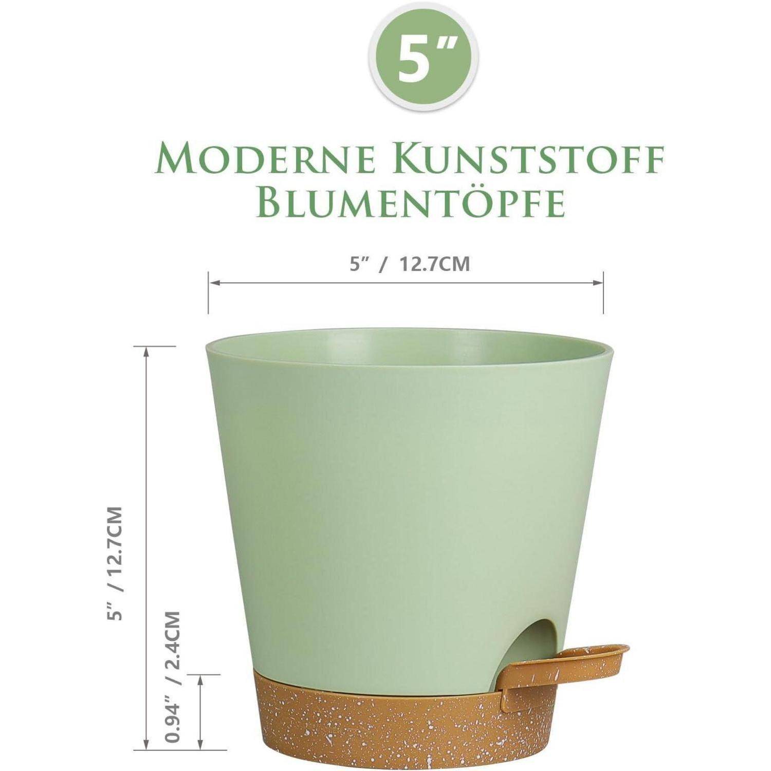 Ein 5-Zoll-moderner Kunststumblumentopf mit einem grünen oberen Abschnitt und brauner Basis. Er umfasst Maße: 5 Zoll (12,7 cm) in der Höhe.