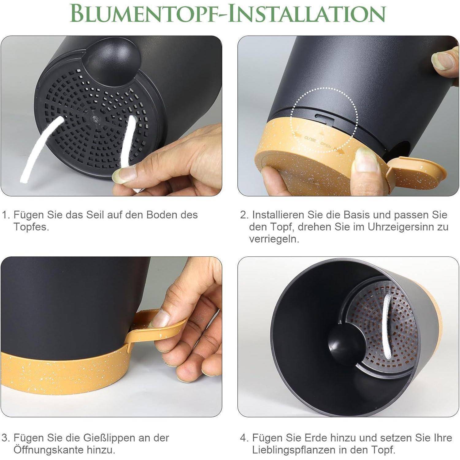 Anleitung zur Pflanzentopf-Installation: 1. Das Seil an der Basis einfädeln. 2. Topf anbringen und drehen. 3. Gießrand am Rand anbringen. 4. Erde und Pflanze hinzufügen.