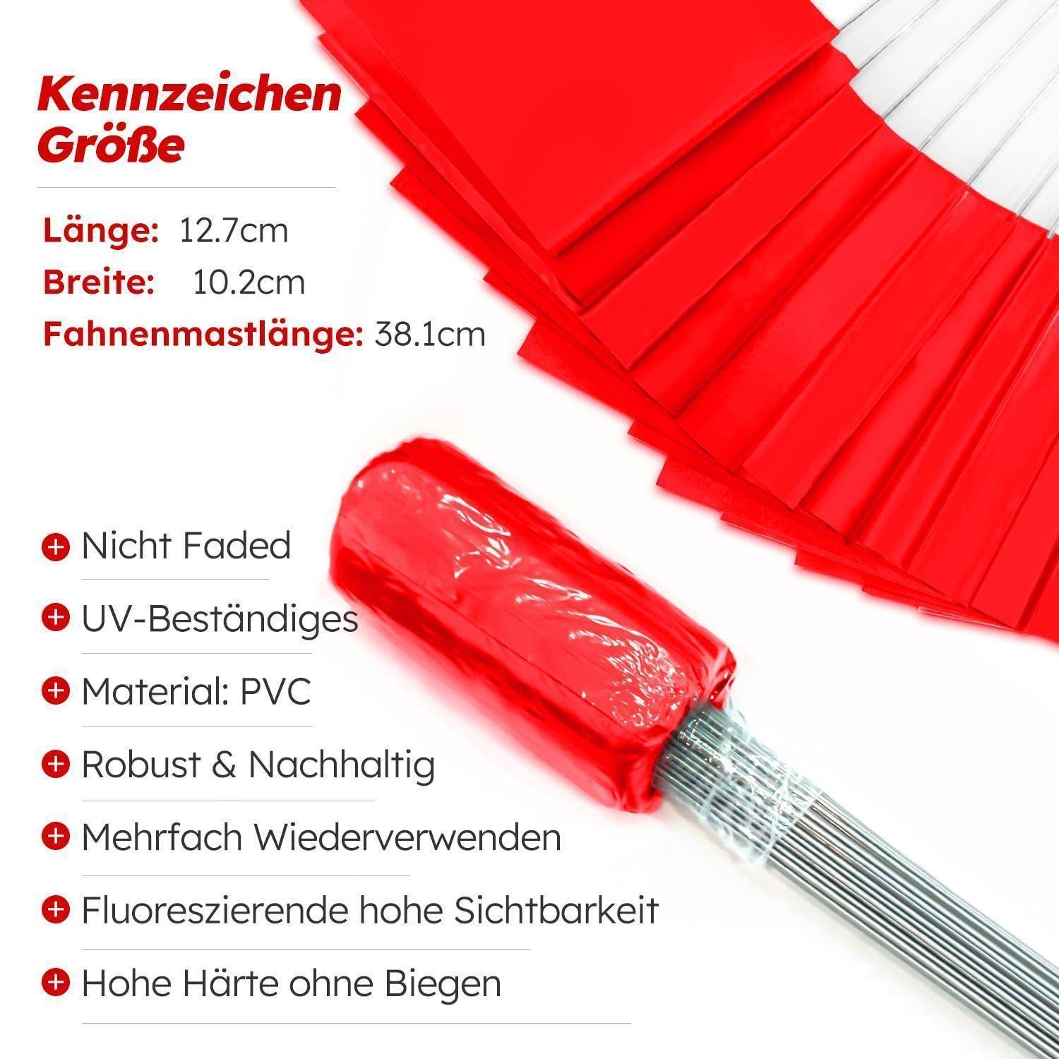 Rote Flagge auf einer reflektierenden Stange mit deutscher Beschriftung der Merkmale: 'nicht fixiert', 'robust', 'nachhaltig', 'hohe Sichtbarkeit bei Regen'.