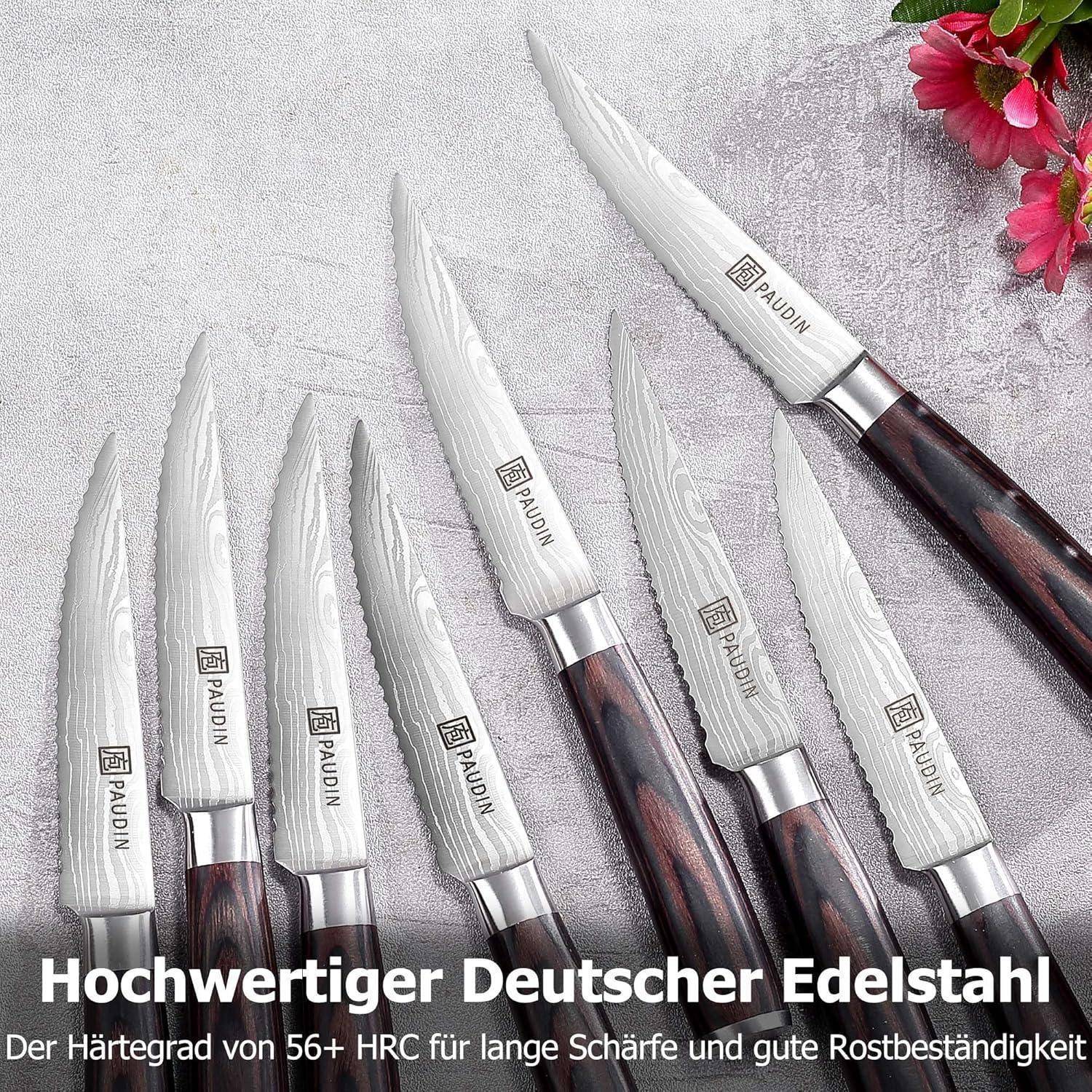 Ein Satz von acht RAUDU-Messern mit Holzgriffen, die auf einer strukturierten Oberfläche angeordnet sind. Text auf Deutsch erwähnt hochwertige Edelstahlklinge.