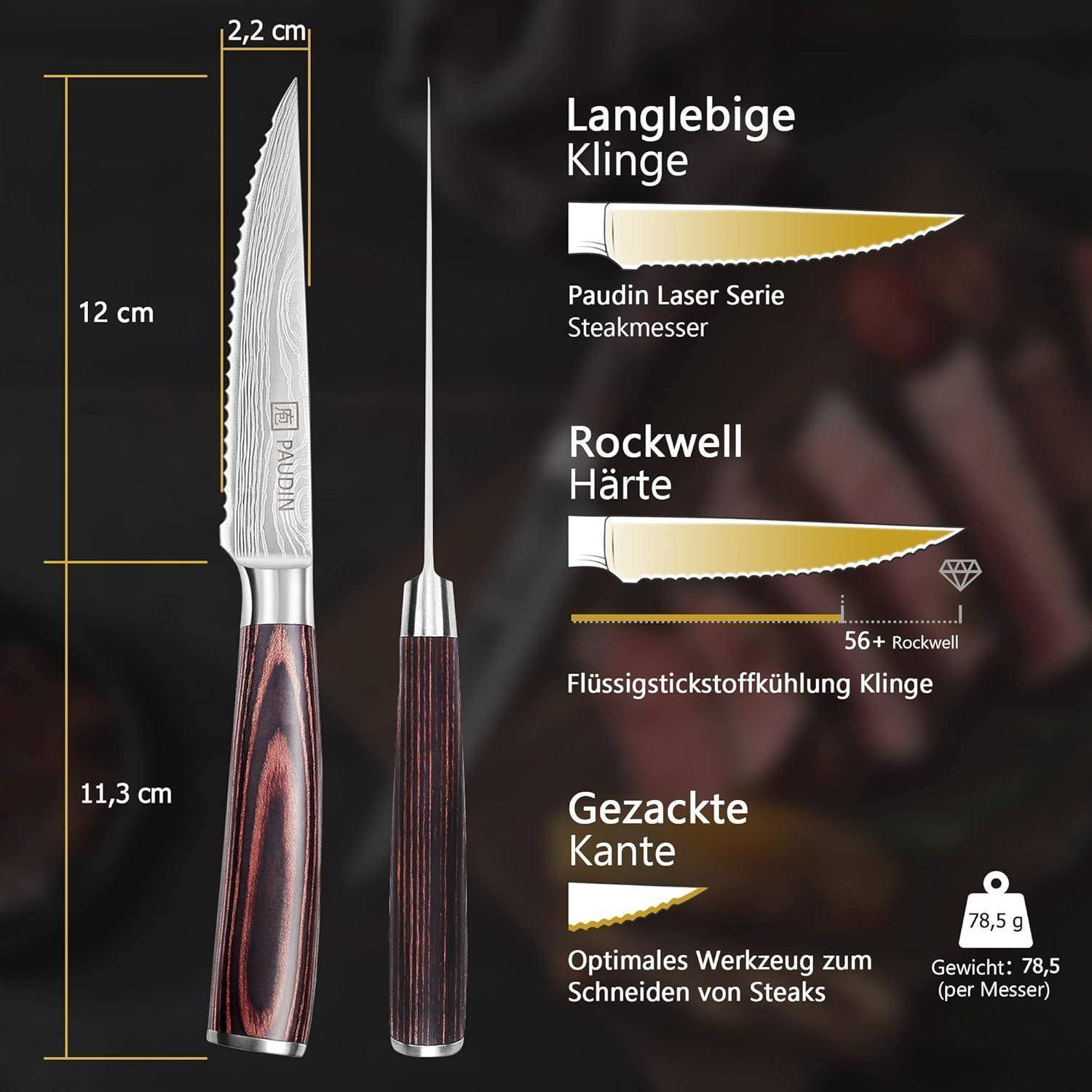Paudin Steakmesser mit robuster, gezahnter Klinge. Länge: 12 cm Klinge, 11,3 cm Griff. Rockwell-Härte: 56+. Ideal zum Schneiden von Steaks.