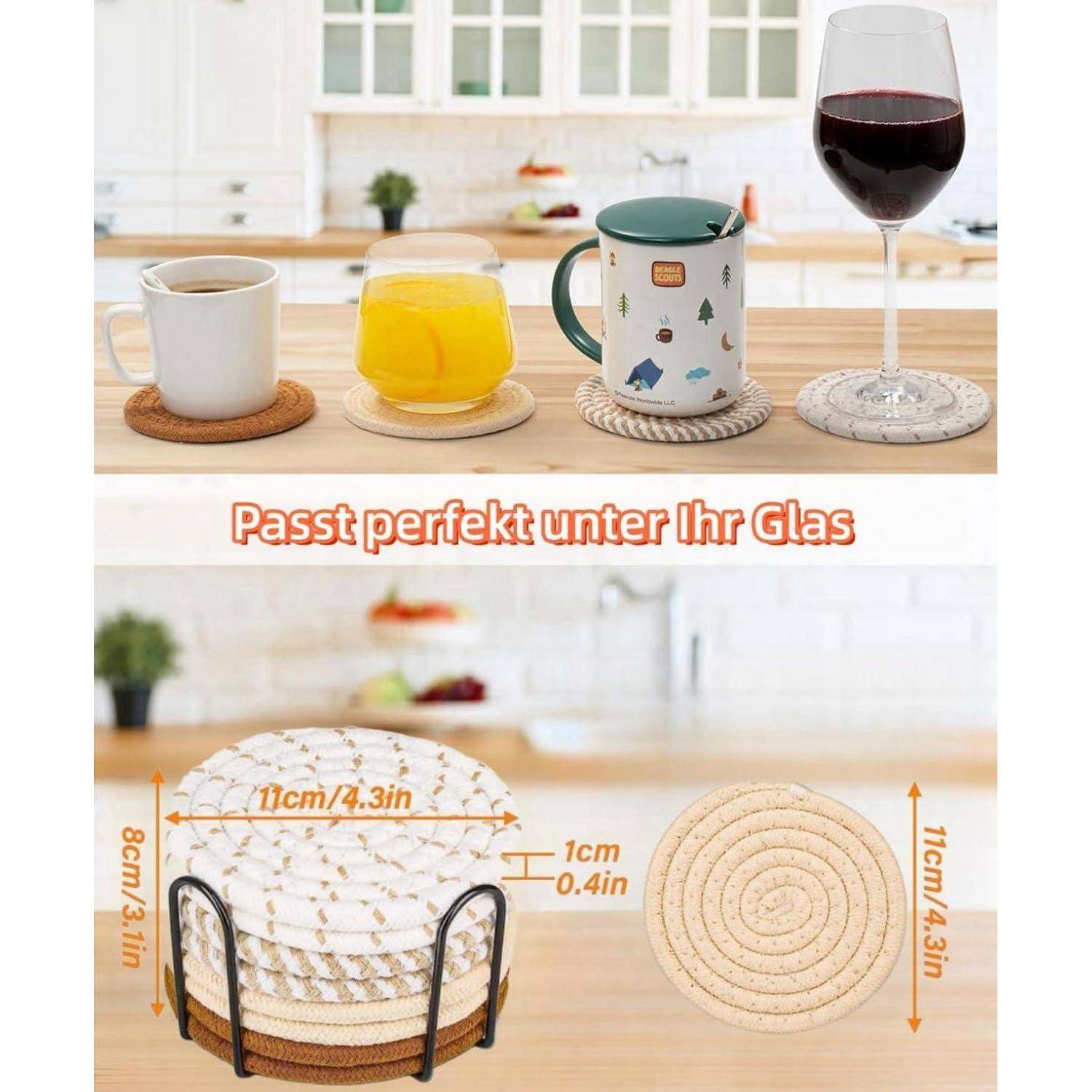Vier Getränke auf Untersetzer: Kaffee, Orangensaft, Tasse und Wein. Text lautet 'Passt perfekt unter Ihr Glas'. Untersetzer-Abmessungen: 11 cm Durchmesser, 1 cm dick.