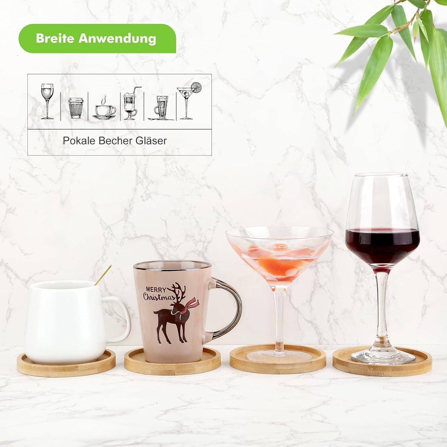Vier Arten von Trinkgefäßen werden präsentiert: eine weiße Tasse, ein Glaskrug mit der Aufschrift 