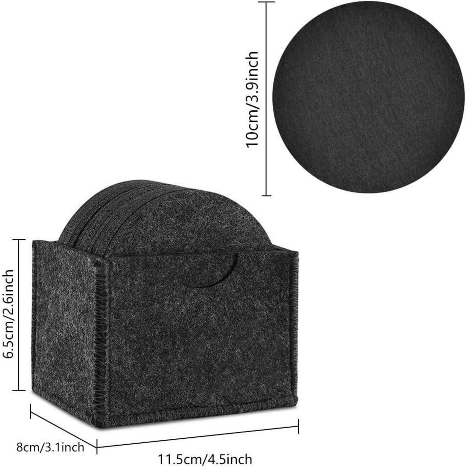 Schwarze Filz-Untersetzer in einer Box, rund, 10 cm Durchmesser, mit Boxabmessungen von 11,5 cm Breite, 8 cm Tiefe und 6,5 cm Höhe.