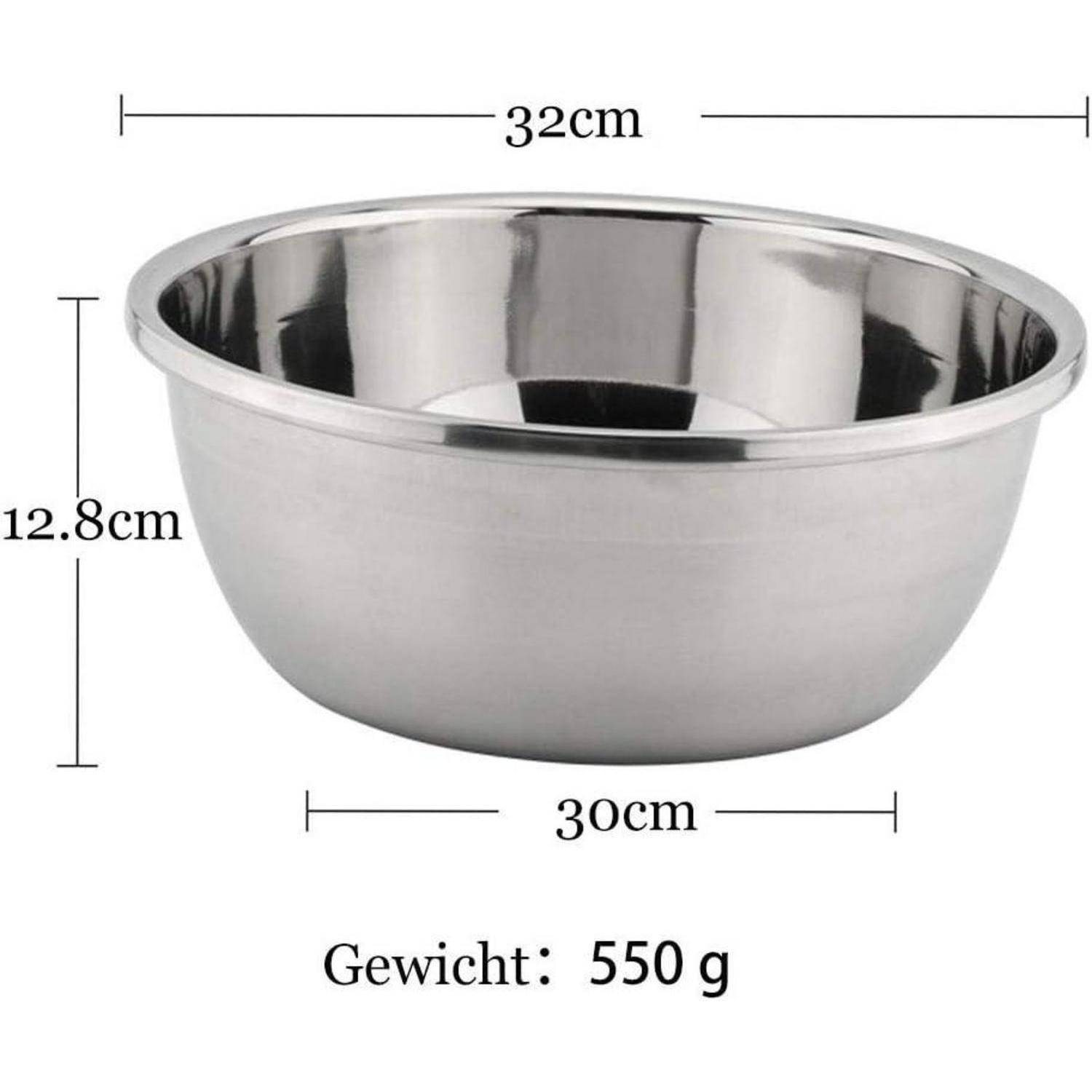 Eine Schüssel aus Edelstahl mit folgenden Maßen: Durchmesser 32 cm, Höhe 12,8 cm, Basisdurchmesser 30 cm; Gewicht: 550 g.