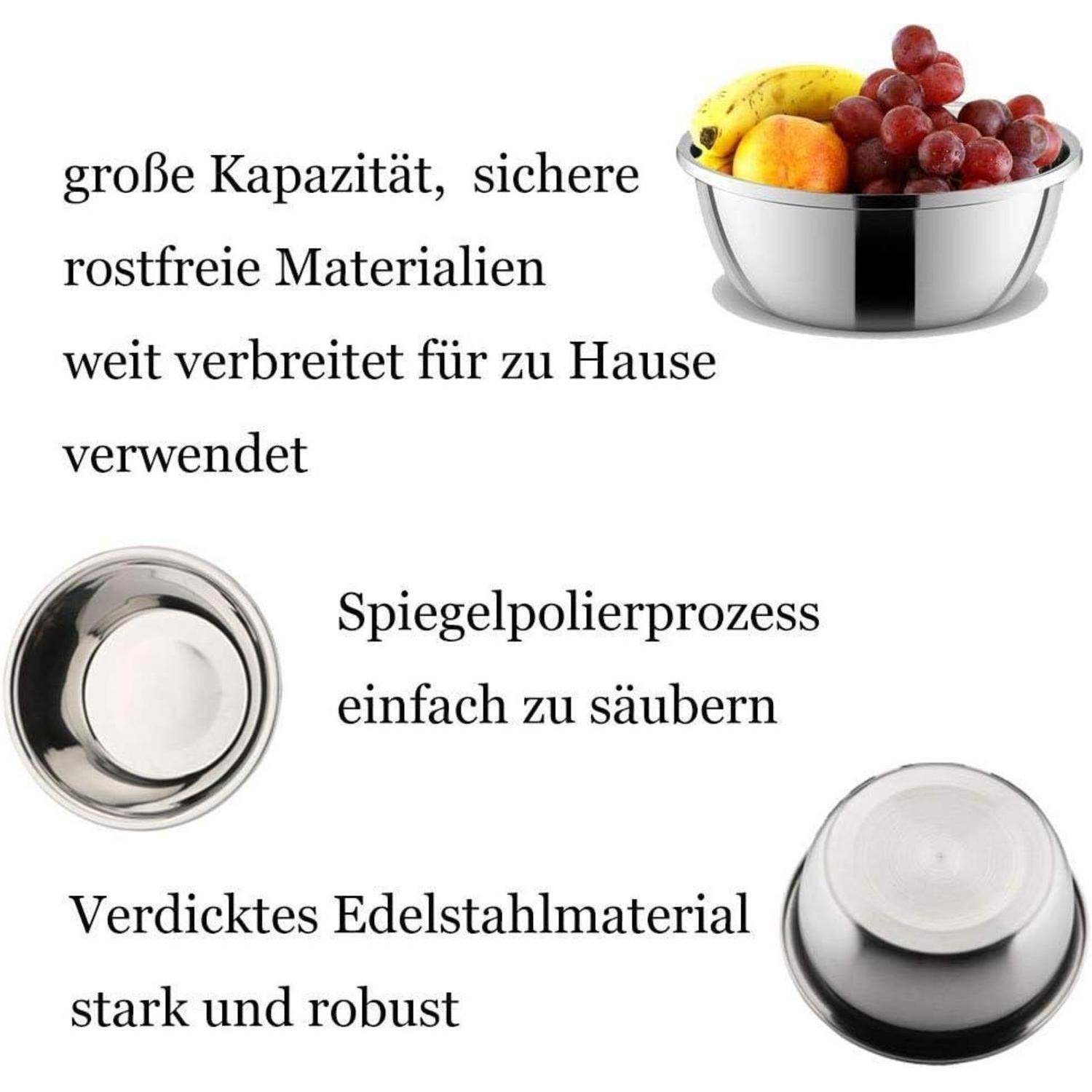 Eine Vielzahl von Edelstahlschüsseln mit glatter Oberfläche und robustem Material, die als sicher, leicht zu reinigen und strapazierfähig beschrieben werden.