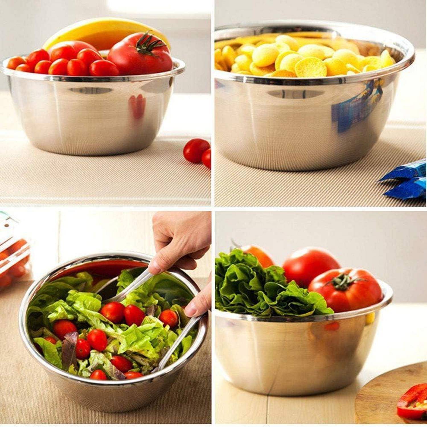 Vier Edelstahlschüsseln, jede mit unterschiedlichem Inhalt: Tomaten und eine Banane; gelbe Tomaten; eine Person, die Salat mischt; und Salat mit Tomaten.