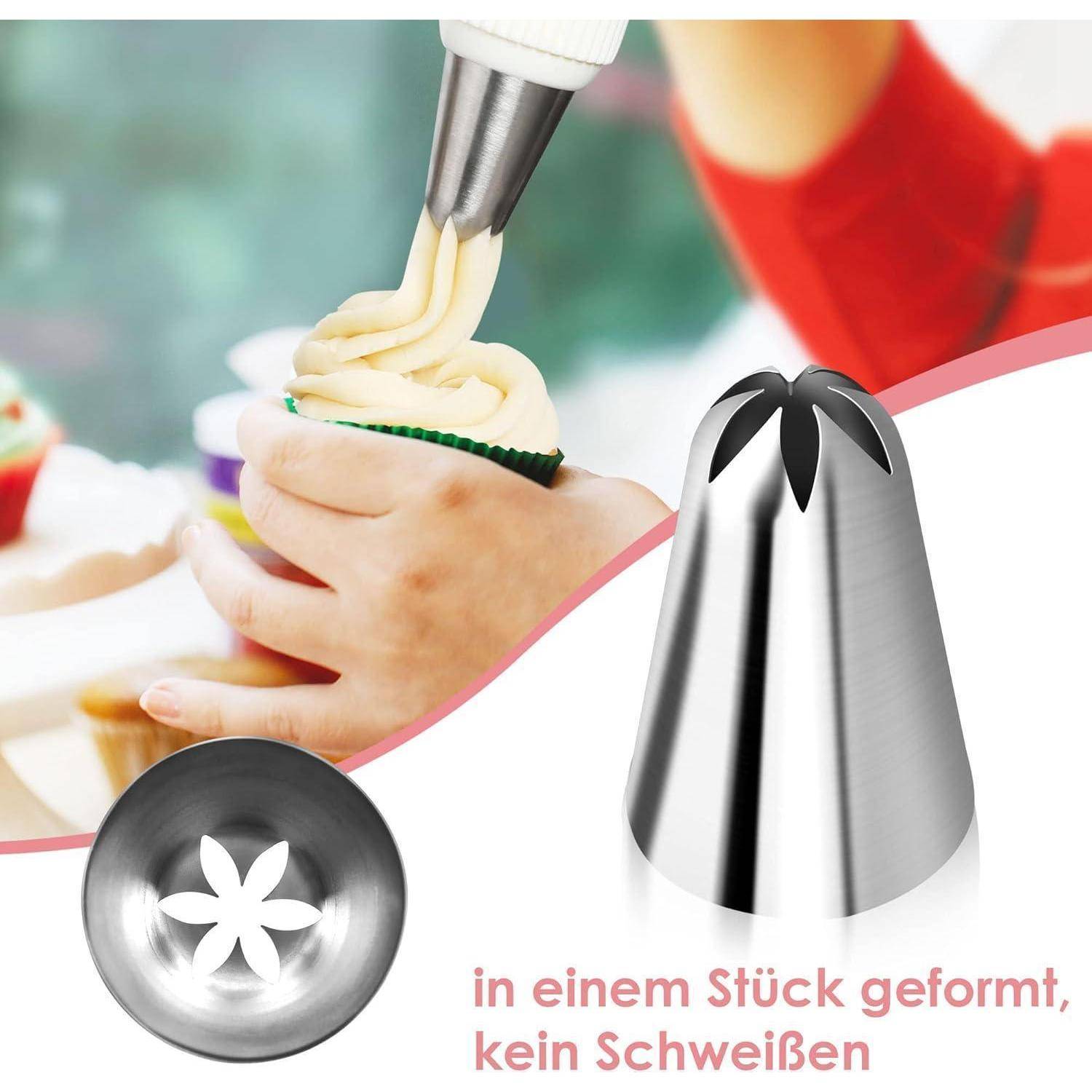Eine Person dekoriert einen Cupcake mit einer Spritztülle. Die Tülle ist metallisch mit einer sternförmigen Spitze. Text auf Deutsch übersetzt heißt: „in einem Stück geformt, ohne Schweißung