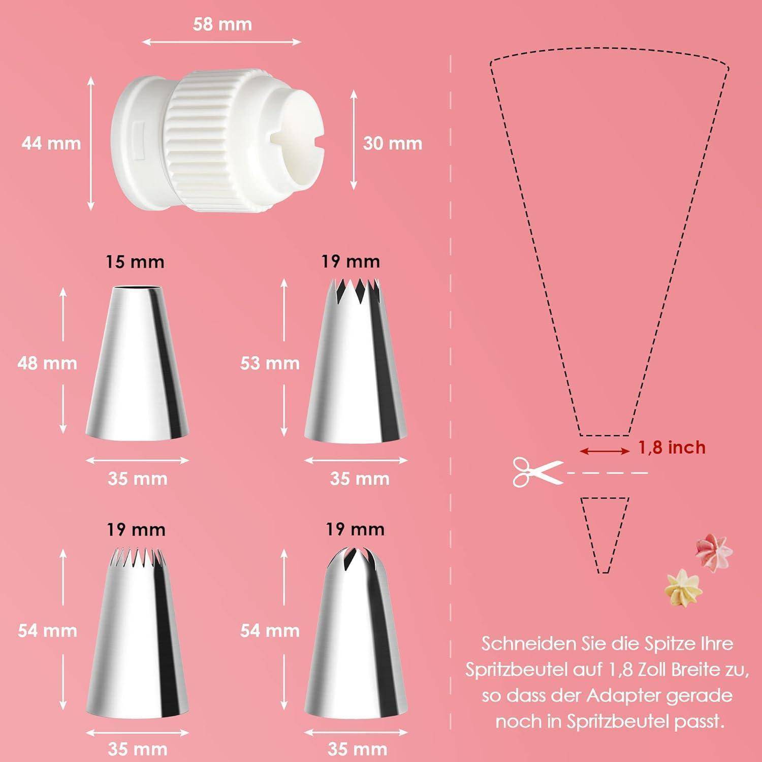Spritztüllen-Tipps und Verbindungsstück mit Dimensionen in Millimetern. Illustration empfiehlt, die Spritzbeutelspitze auf 4,5 cm zu kürzen, um die Adapterpassung zu gewährleisten.