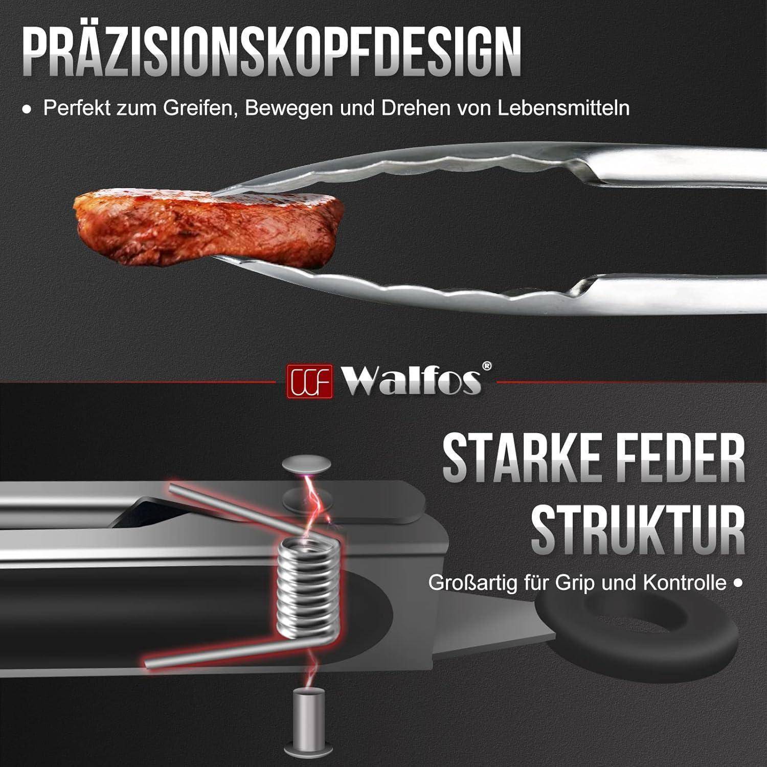 Zange, die ein Stück gegrilltes Fleisch hält. Text: Präzisionskopfdesign, Perfekt zum Greifen, Bewegen und Drehen von Lebensmitteln, Starke Federstruktur, Großartig für Grip und Kontrolle.