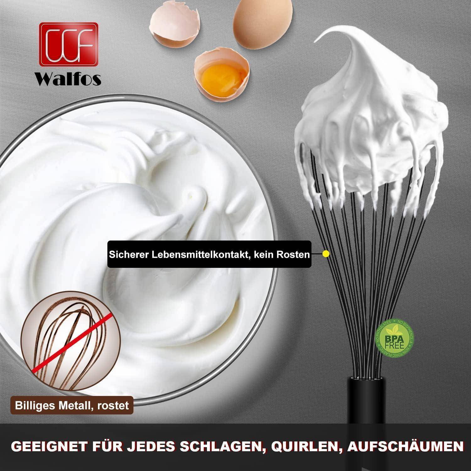 Ein Schneebesen mit Sahne-Highlights zeigt sein rostfreies, lebensmittelsicheres Material. Eier und Sahne veranschaulichen die Verwendungsmöglichkeiten. Der Text auf Deutsch betont die Vielseitigkeit.
