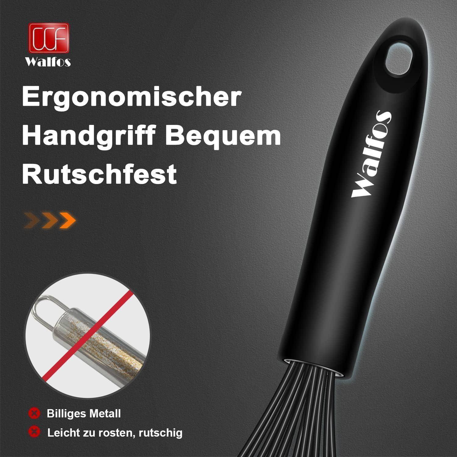 Schwarzer Küchenbesen mit 'Walfos' auf dem Griff. Der Text hebt die ergonomischen, komfortablen und rutschfesten Eigenschaften hervor und stellt einen Vergleich zu günstigeren Metallprodukten an.