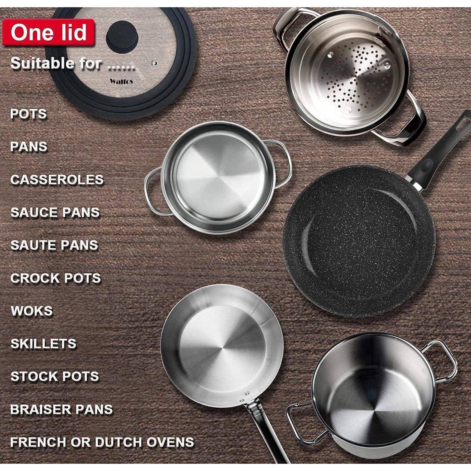 Ein Deckel, geeignet für Töpfe, Pfannen, Auflaufformen, Stielkasserolle, Sautépfannen, Slow Cooker, Woks, Bratpfannen, Suppentöpfe, Schmorpfannen, französische oder holländische Kochtöpfe. Verschiedene Kochgeschirre präsentiert.