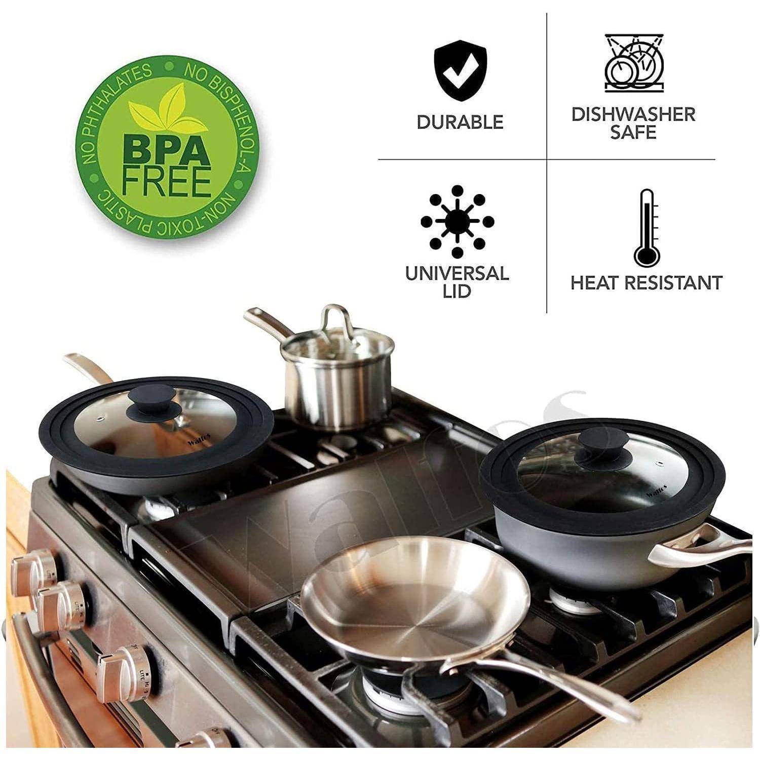 Herd mit Töpfen, die einen universellen Deckel haben; gekennzeichnet mit „BPA-frei