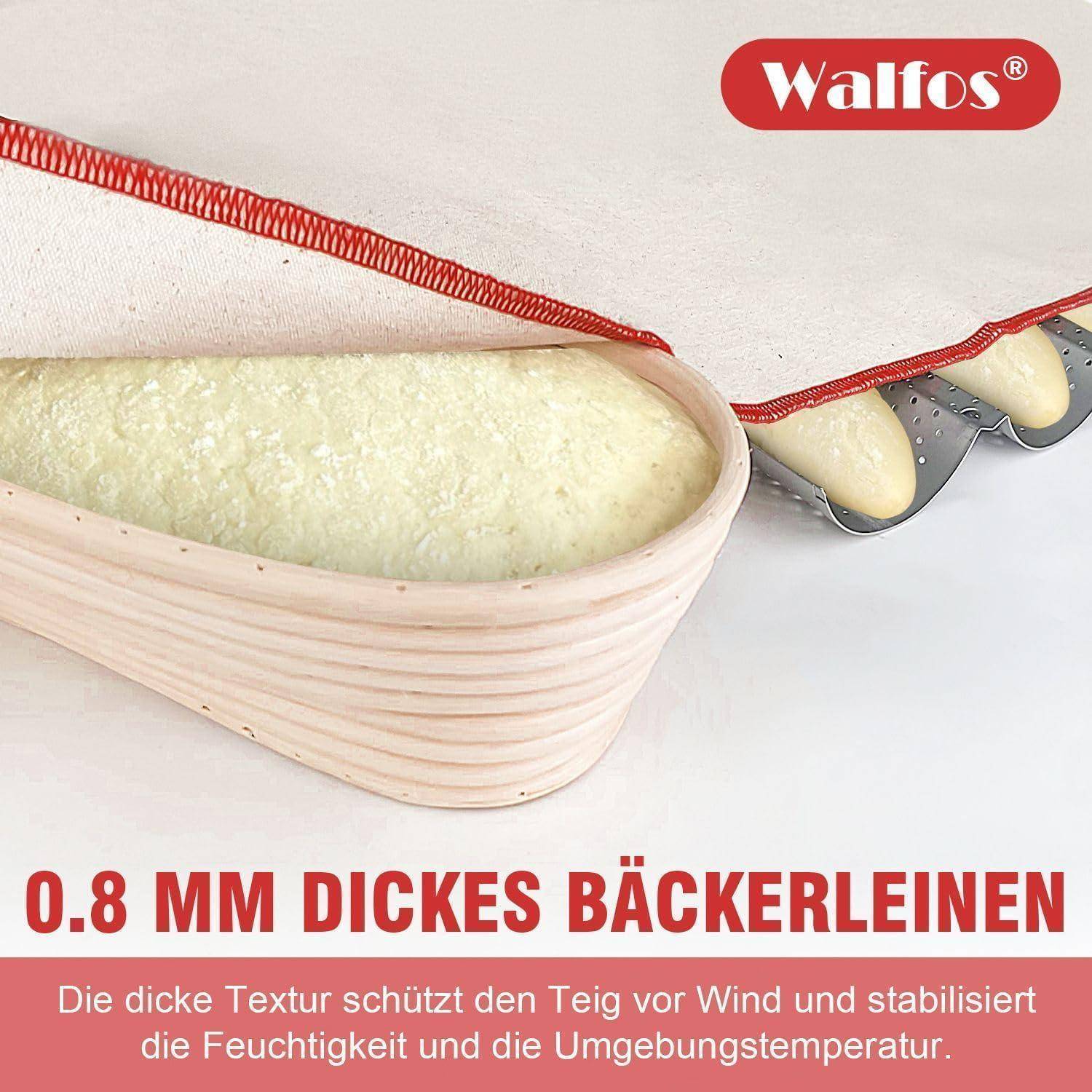 Ein Nahaufnahme von Teig in einem Korb, der mit einem dicken Stoff bedeckt ist. „0,8 MM DICKES BÄCKERLEINEN