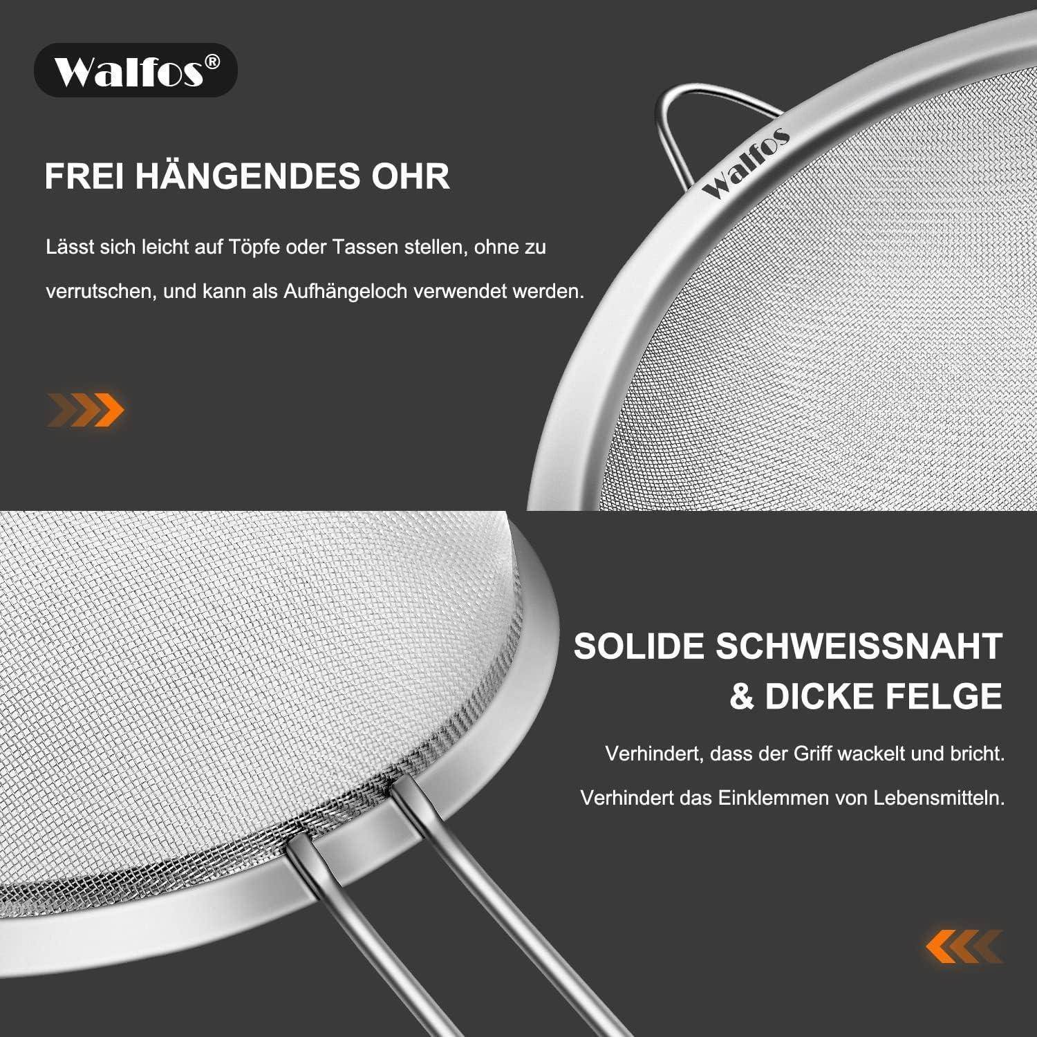 Ein rundes Küchenschutzsieb mit feinem Maschengewebe und stabilem Rand. Deutscher Text hebt Funktionen für einfache Handhabung und Langlebigkeit hervor.