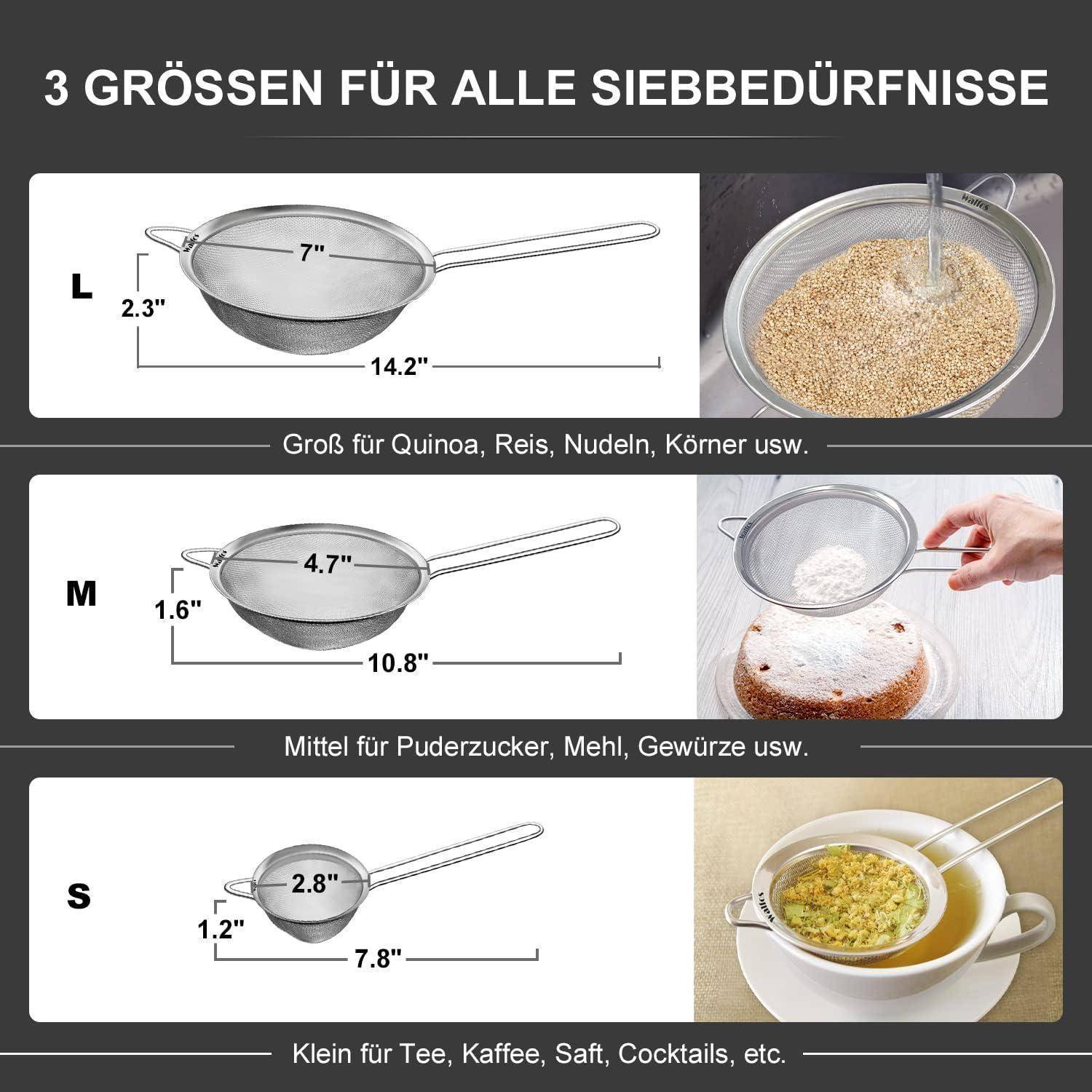3 Größen von Sieben für verschiedene Bedürfnisse: Groß für Quinoa, Reis, Nudeln; Mittel für Puderzucker, Mehl, Gewürze; Klein für Tee, Kaffee, Säfte.