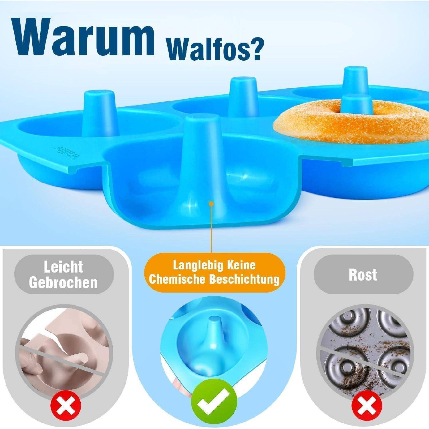 Warum Walfos?' Text über blauer Donut-Form. Fotos zeigen Vorteile der Form: unzerbrechlich, keine chemische Beschichtung, rostfrei.