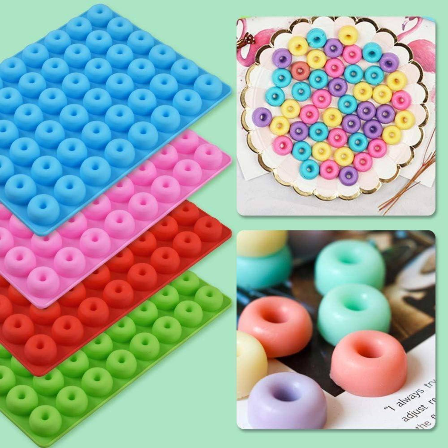 Silikonformen zum Herstellen von runden, donutartigen Formen in Blau, Rosa, Rot und Grün. Ein Beispielteller zeigt bunte fertige Stücke.