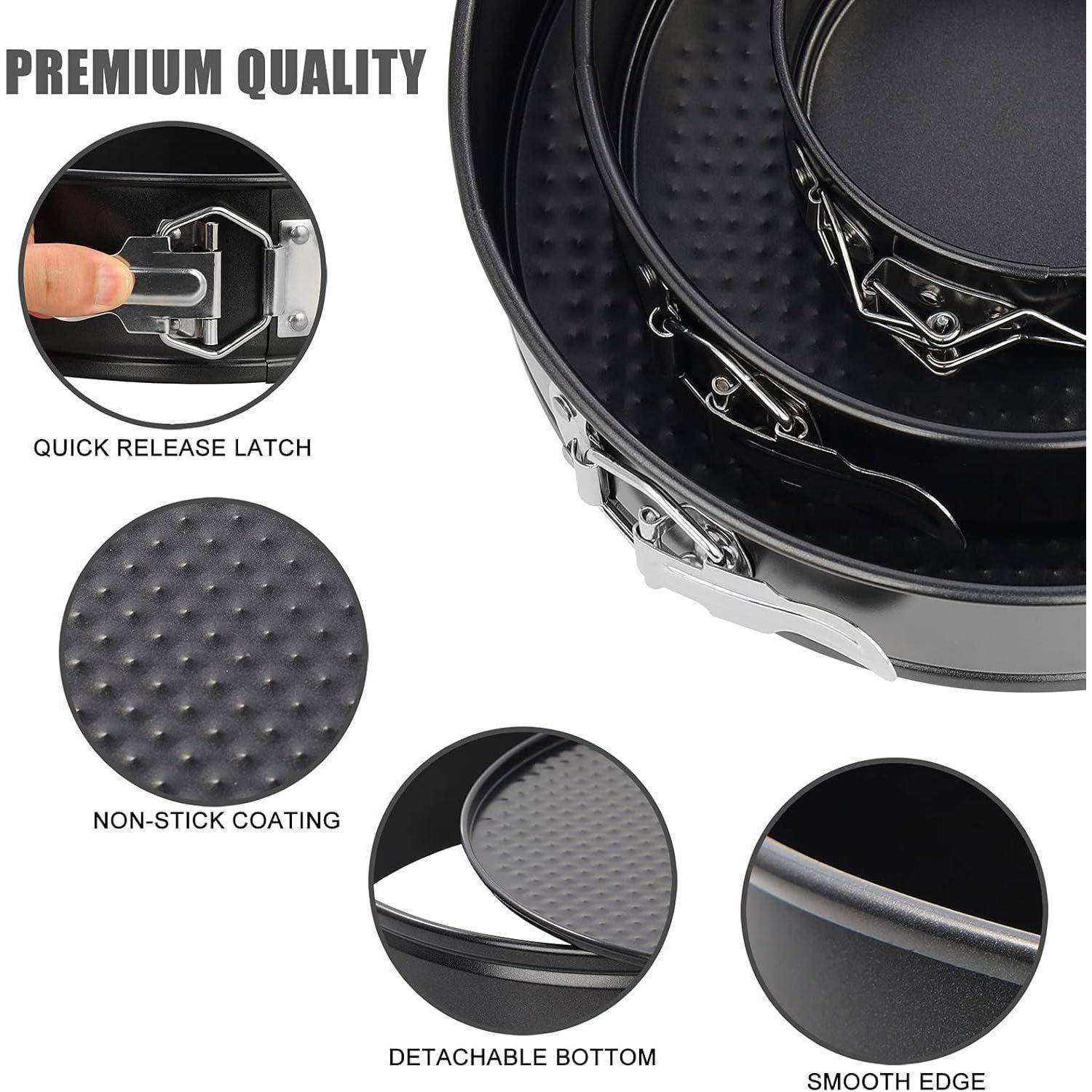 Hochwertiges Backformen-Set mit vier runden Backformen, ausgestattet mit einer Schnellverschluss-Verriegelung, Antihaft-Beschichtung, herausnehmbarem Boden und glatten Kanten.