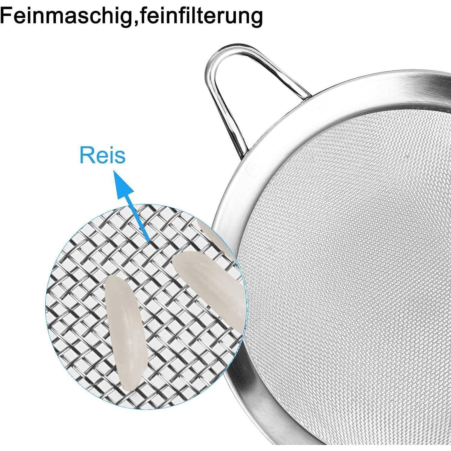 Ein Sieb mit feinem Maschengewebe, konstruiert zum Abseihen und Filtern, dargestellt mit einem Detailbild, das Reiskörner zur Veranschaulichung seiner Wirksamkeit zeigt.