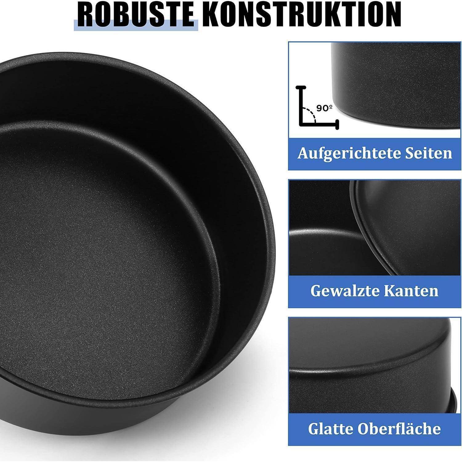 Eine runde schwarze Backform mit einer Antihaft-Oberfläche, die gerundete Kanten und gerade Seiten aufweist. Text: 'Robuste Konstruktion', 'Aufgerichtete Seiten', 'Gewalzte Kanten', 'Glatte Oberfläche'.